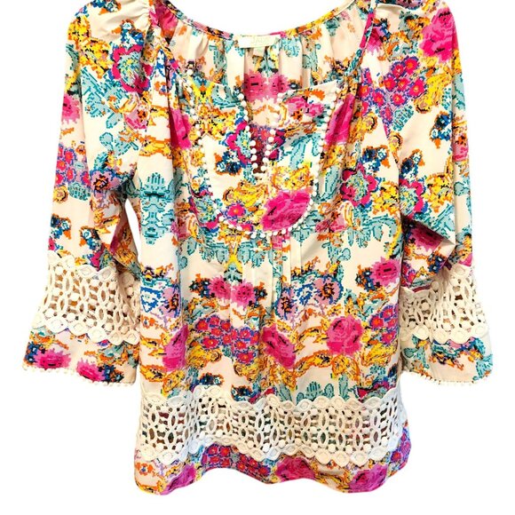 Jade Women's Bold Floral Pullover Top Crochet Accents Size XS - Picture 2 of 9